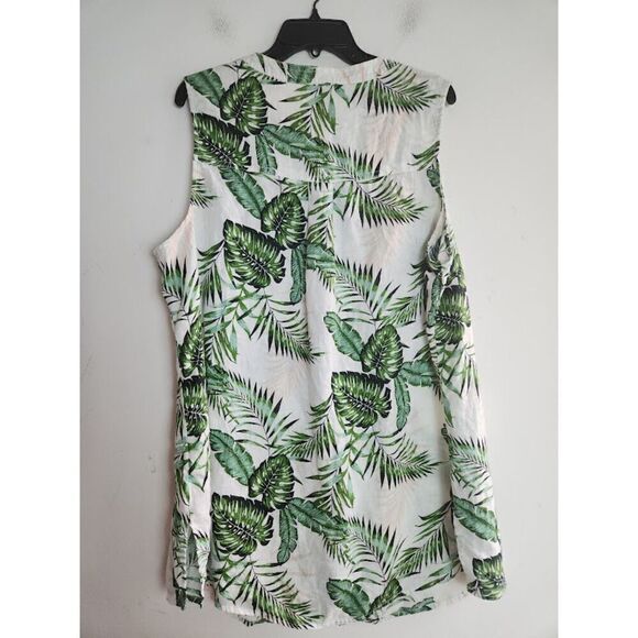 C & C California Women White w/Green Floral 100% Linen Button Down Shirt size 2X - Picture 4 of 5